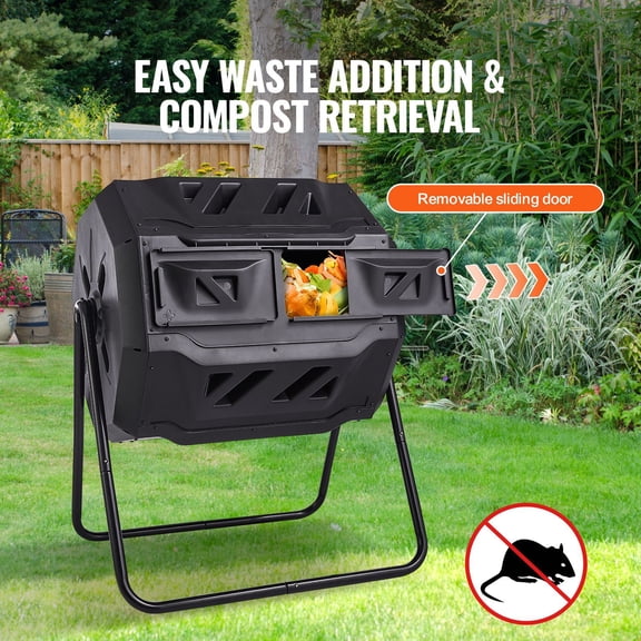 43 Gal Dual Chamber Composting Tumbler Bin with 2 Sliding Doors and Steel Frame BPA Free Rotating Composter for Garden Kitchen Yard Outdoor