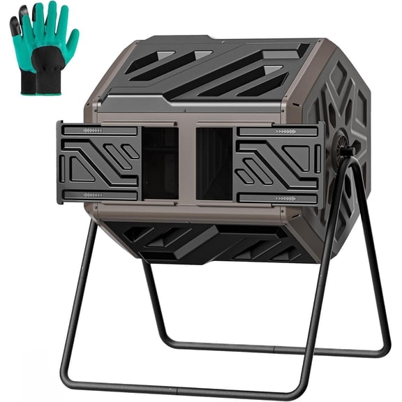 43 Gallon Compost Bin Outdoor, Assemble Tumbling Composter, Dual Chamber Composter Tumbler, Rotating Compost Bin for Outside, Backyard, Garden and Yard, Coffee
