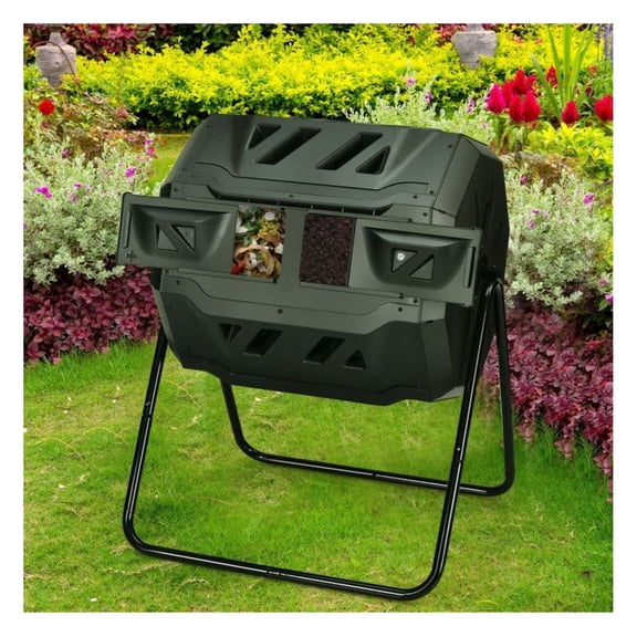 43 Gallon Compost Tumbler, Dual Chamber Rotating Compost Bin for Garden, Black, Heavy Duty PP Steel Construction