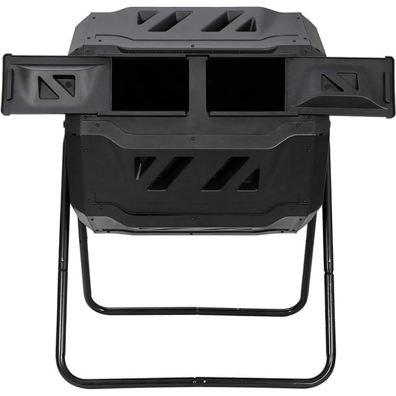 43 Gallon Dual Chamber Compost Bin, Outdoor Large 360 Rotating Composter Tumbling Composting Bins Waste Trash Can, BPA Free, Sliding Doors, Heavy-Duty Steel Frame, Garden Patio, All Season