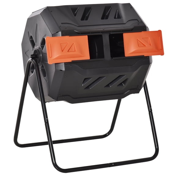 43 Gallon Dual Chamber Tumbling Compost Bin for Outdoor Garden, 360° Rotating Composter in Orange with Steel Frame