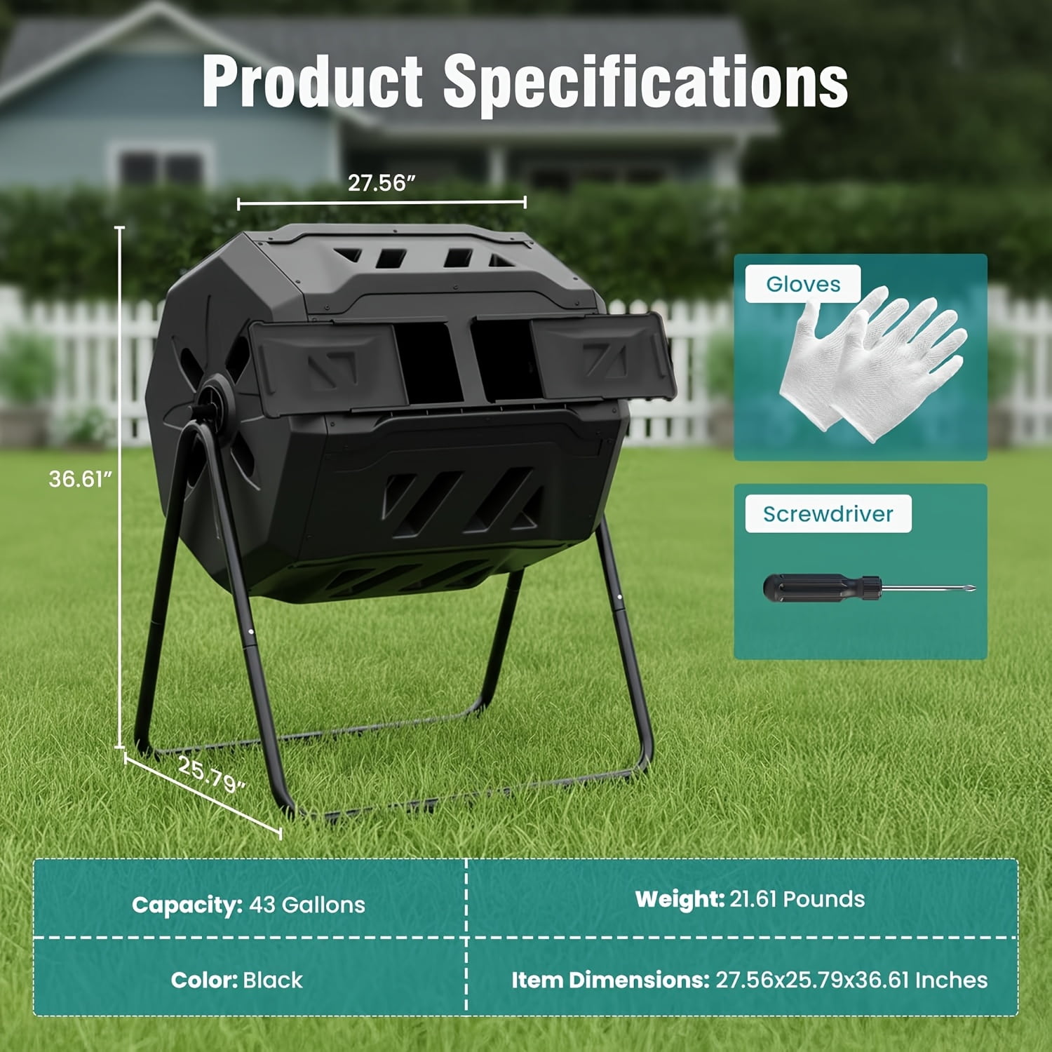 43 Gallon Outdoor Dual Chamber Composter Tumbler – 360° Rotating ...