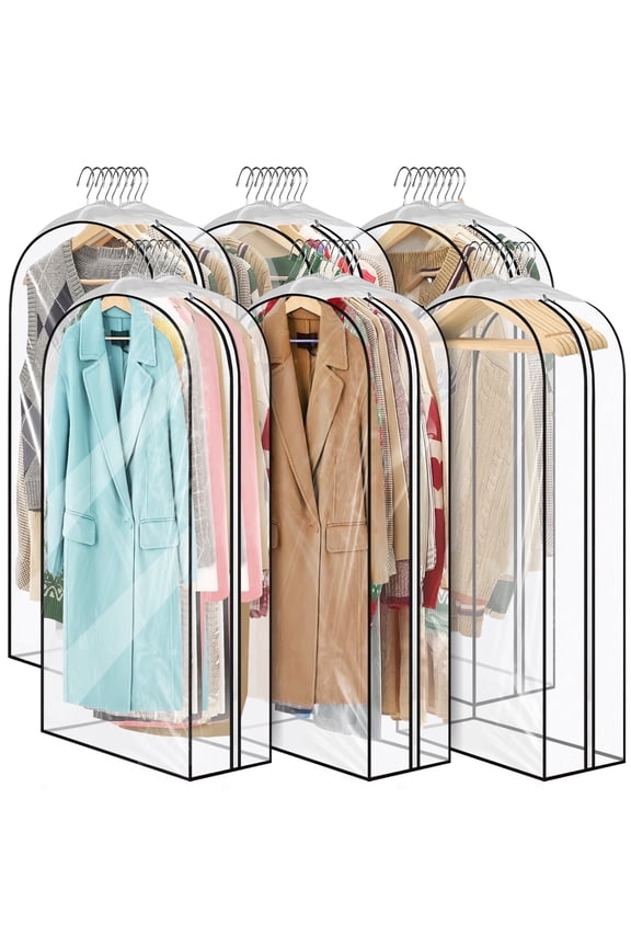43'' Garment Bag for Haning Clothes, 6 Pack 10'' Gusseted Suit Bag for Clothes, Shirts, Coats, Dresses, Plastic Protector for Clothes W/ PEVA Material, Waterproof & Odorless, Easy Clean