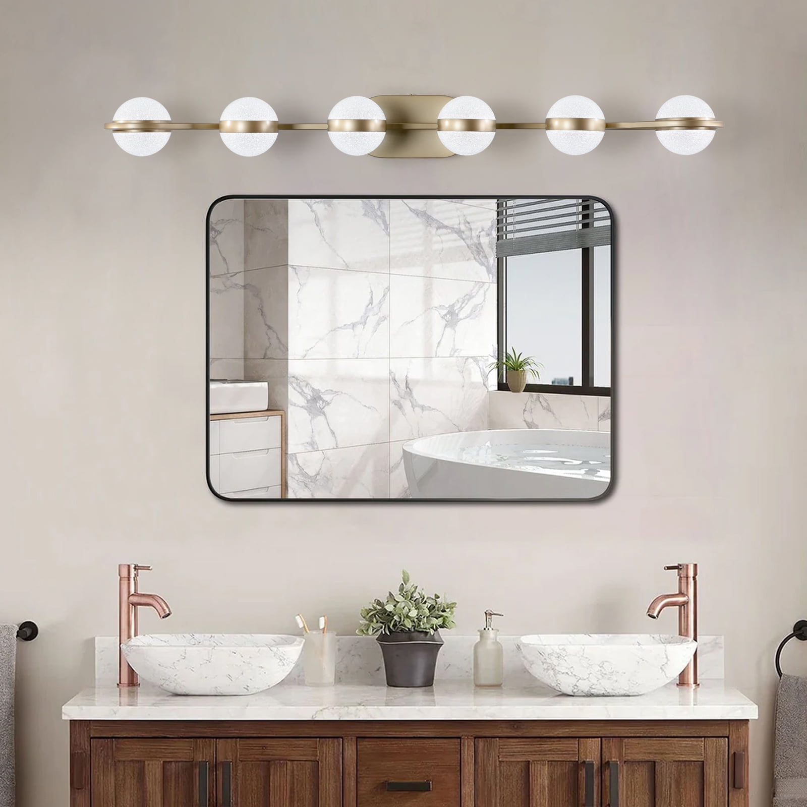 43" Gold Minimalist LED Bathroom Vanity Light with Crystal Sand Acrylic Shades, 6-Light Wall Mounted Decorative Lighting Fixture, Suitable for Bathroom Vanity Mirror