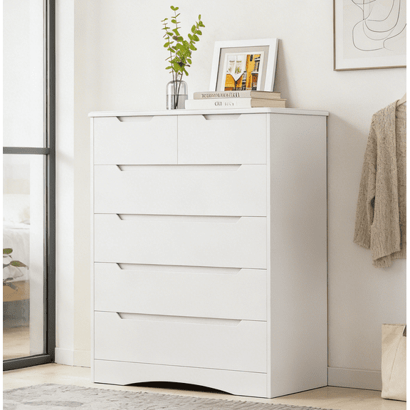 43"H 6 Drawer Dresser,Asofer White Dressers for Bedroom with Chest of Drawers, Wooden Cabinet for Bedroom,Living Room,Entryway