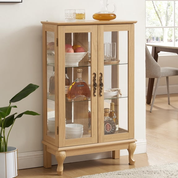 43"H Lighted Display Curio Cabinet, 3-Tier Glass Accent Storage Cabinet Curio Showcase w/ 2 Doors & Adjustable Shelves, Wine Artwork Storage Rack w/ Mirrored Back Panel for Living Room