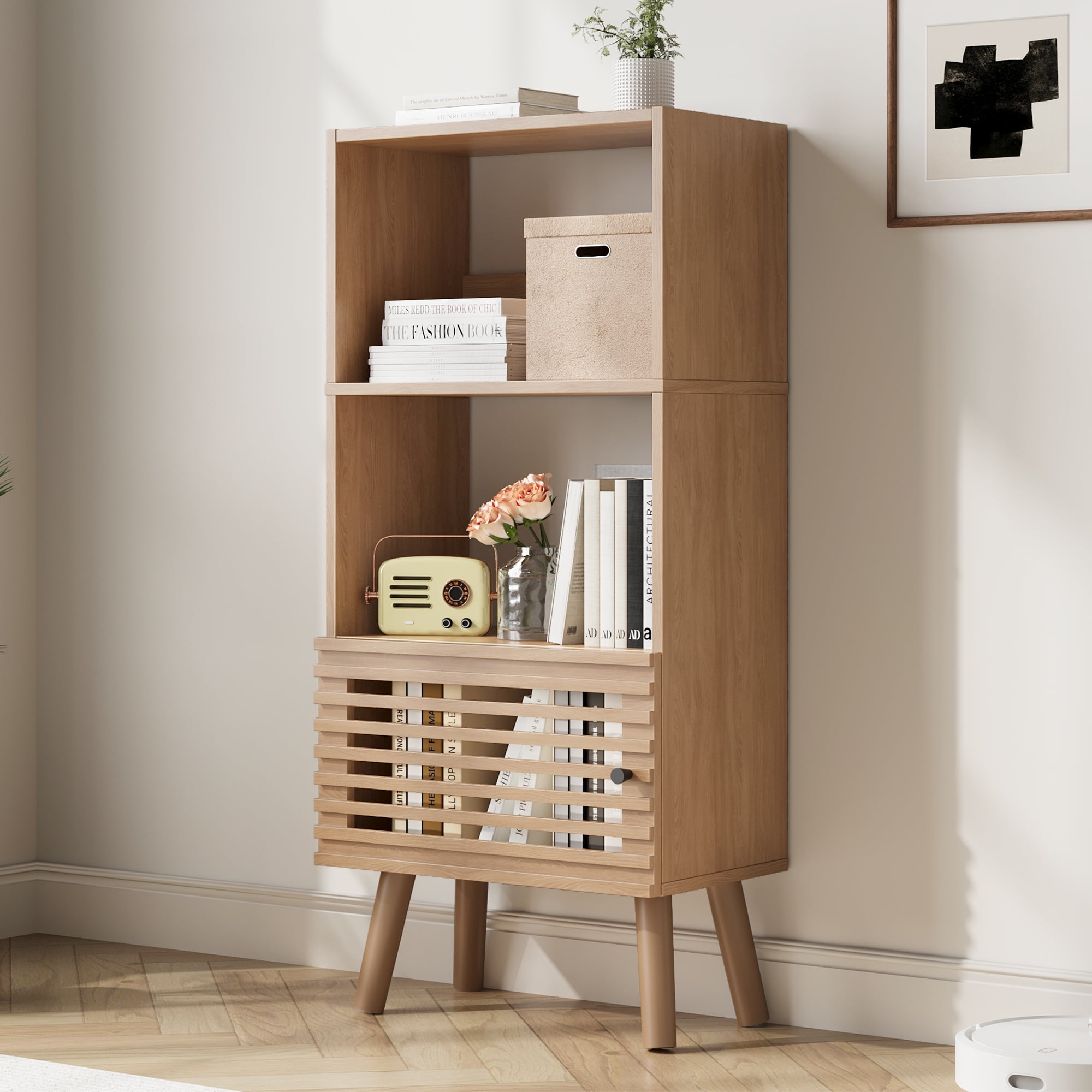 43" H Open Shelf Cube Bookshelf with Slatted Door, Mid-Century Small Bookcase with 3 Cubes, Open Shelves Display Storage Cabinet for Living Room, Home Office, Oak