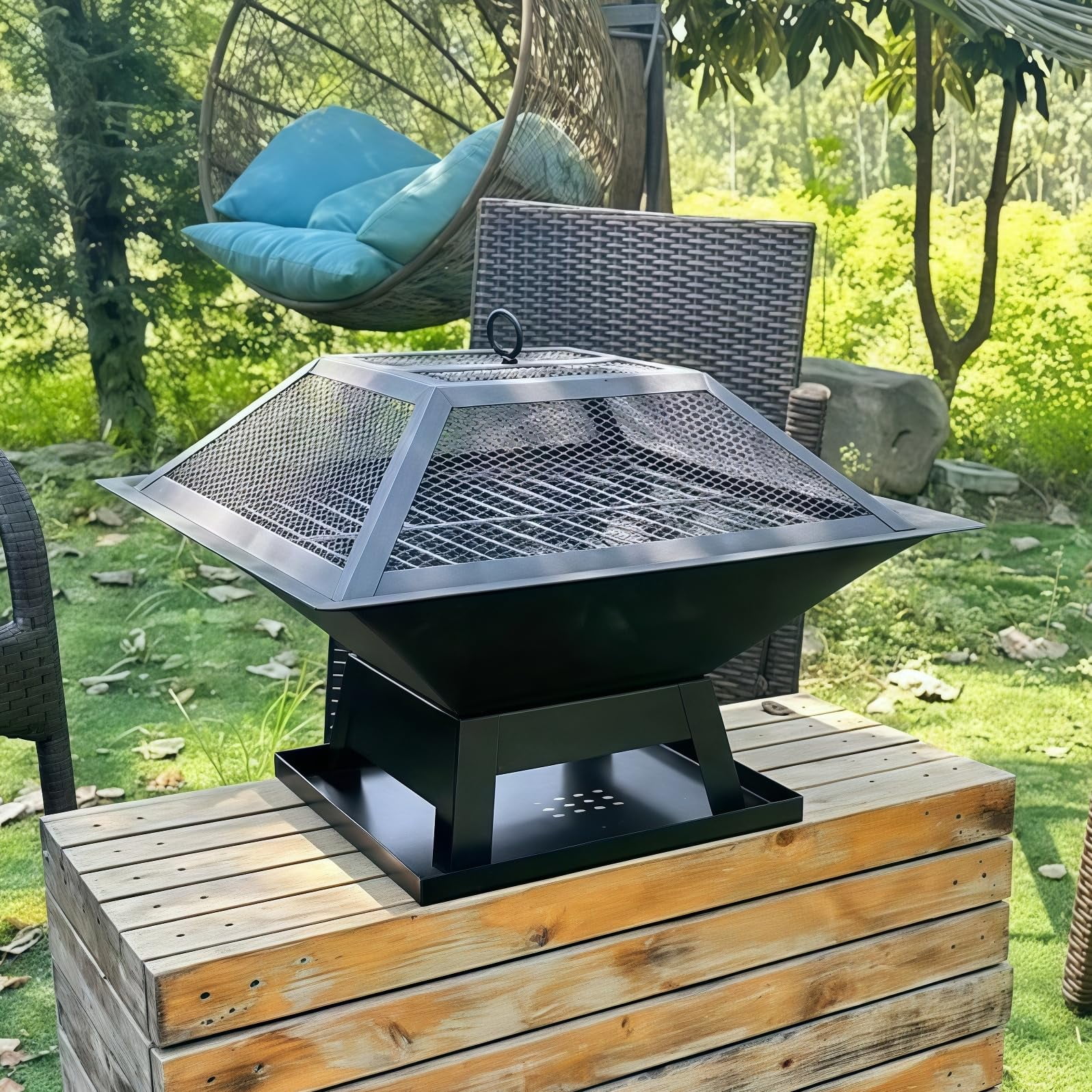 Portable Fire Pit for Outside, Seizeen Wood Burning Fire Pits 19'' Small Size, Square Firepit with Screen Cover, Fire Bowls with Ash Tray, Poker