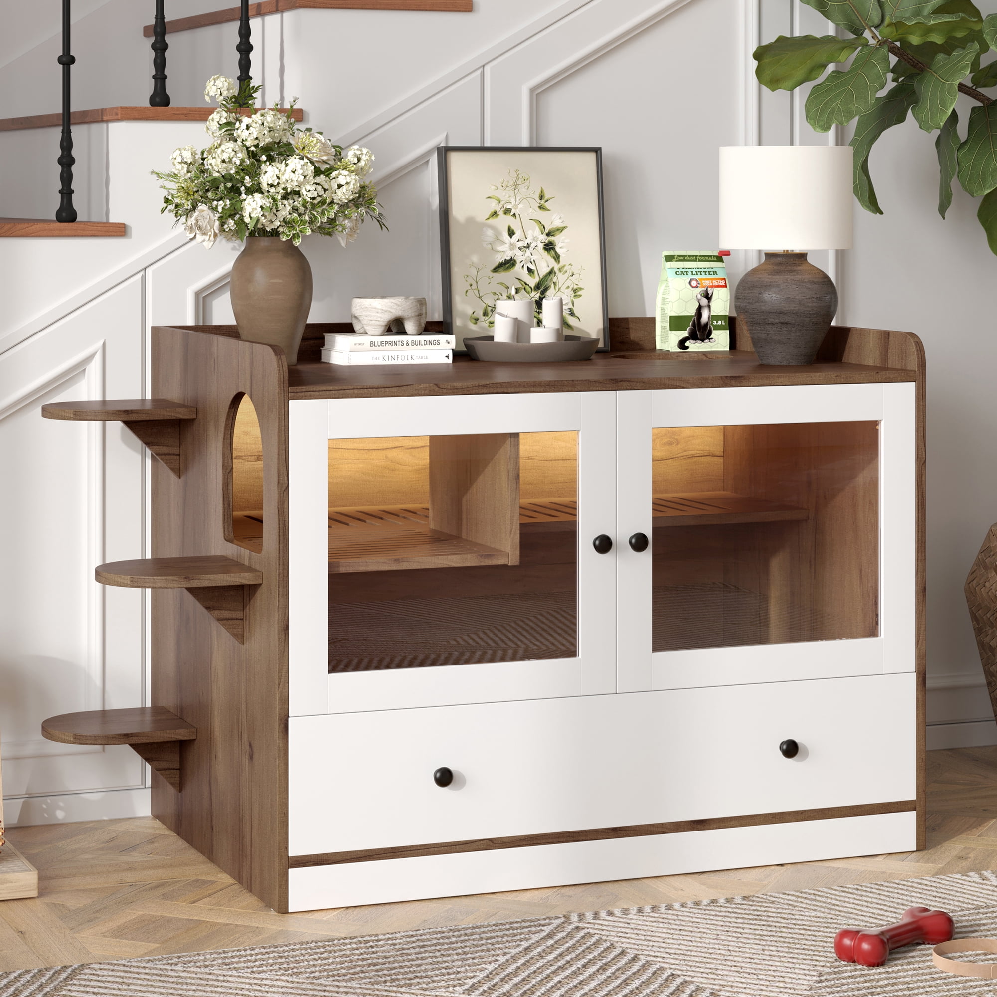 43'' Hidden Cat Litter Box Wooden Furniture Enclosure with Drawer and Stairs Washroom for Bedroom