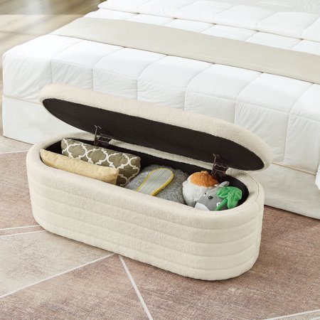 43-Inch Modern Oval Storage Ottoman Bench, Upholstered Boucle Teddy Fabric, Cream, 1 Pack