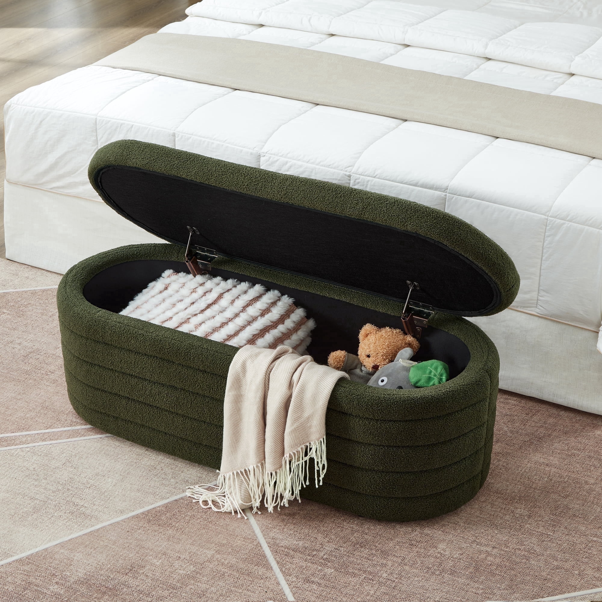 43 IN Wide Mid-Century Modern  Oval Storage Ottoman Bench for Living Room,Entryway,Dark Green