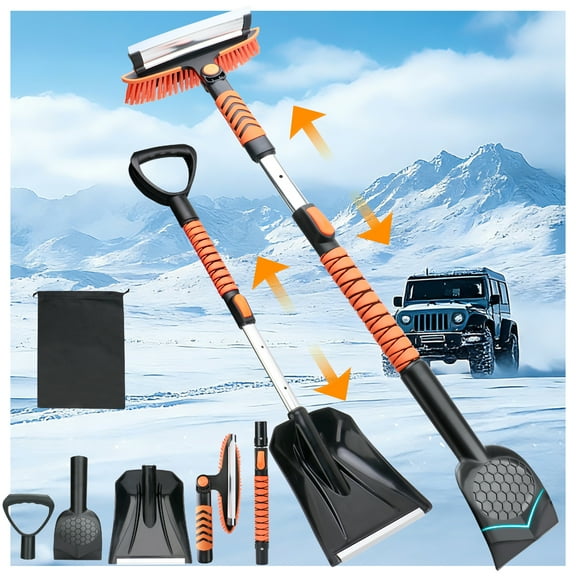43.3'' Snow Shovel & Snow Brush with Ice Scrapers for Car Windshield,5-in-1 Extendable Thicken Aluminum Tube ,180° Pivoting Brush Head & Foam Grip  for Christmas, Cars, Trucks, SUVs, Vehicle(Orange）