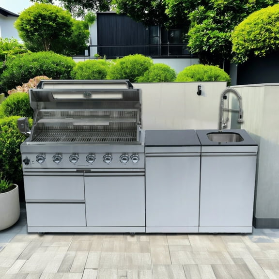 43-Inch 6-Burner 85000 BTU Deluxe Stainless Steel Gas Outdoor Kitchen Bar Barbecue Island Grill + Rotisserie + Granite Countertops + Storage Cabinets & Drawers + Stainless Steel Sink/Faucet