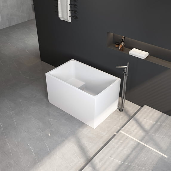 43 Inch Acrylic Freestanding Bathtub with Built-in Seat, Modern Rectangular Design for Small Bathrooms, Gloss White Finish, Chrome Overflow & Pop-Up Drain