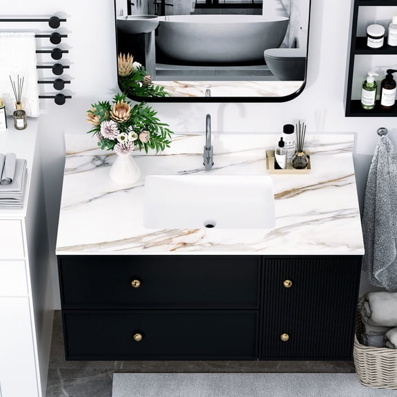 43 Inch American - style Vanity Top for Bathroom | Drip - free Edge and Safety Overflow | Sintered Stone, Stain - proof and Durable | Solves Daily Water Spills