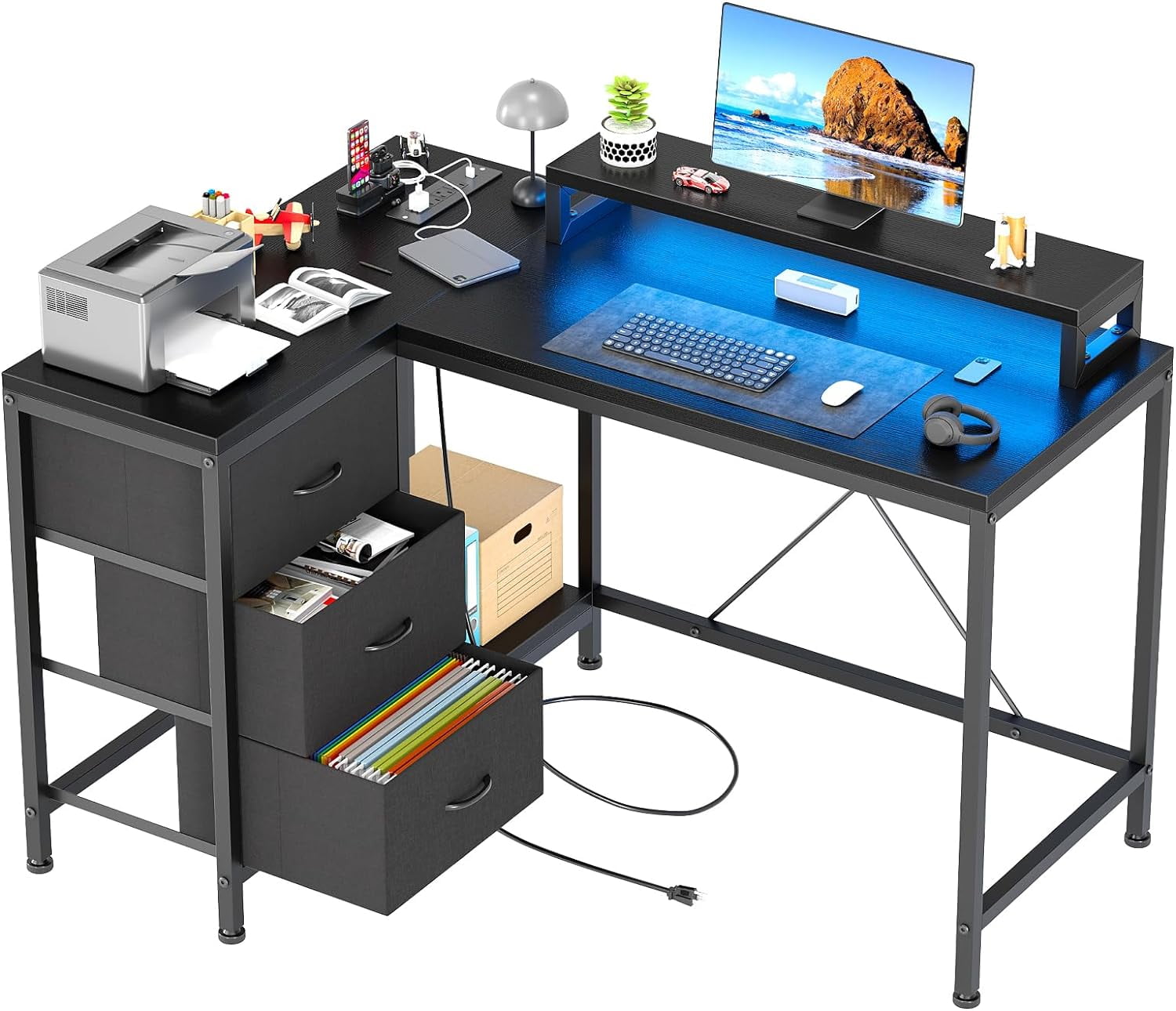43 Inch Computer Desk, L Shaped Desk with Power Outlets and Led Lights, 3-Drawer Gaming Desk with Storage Shelves and Monitor Stand, Reversible Home Office Desk for Study, Working, Black Willow