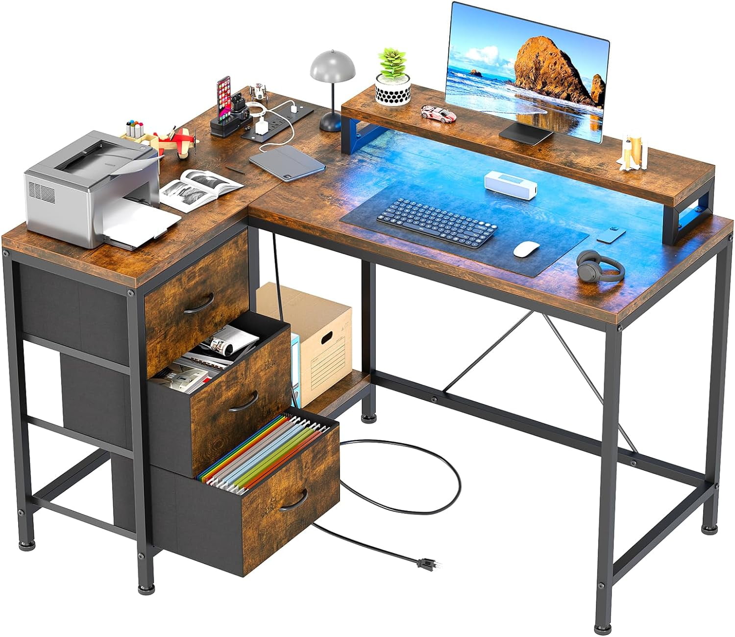 43 Inch Computer Desk, L Shaped Desk with Power Outlets and Led Lights, 3-Drawer Gaming Desk with Storage Shelves and Monitor Stand, Reversible Home Office Desk for Study, Working, Tiger Stripes