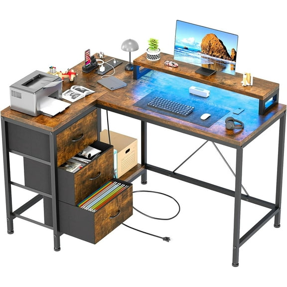 43 Inch Computer Desk, L Shaped Desk with Power Outlets and Led Lights, 3-Drawer Gaming Desk with Storage Shelves and Monitor Stand, Reversible Home Office Desk for Study, Working, Tiger Stripes