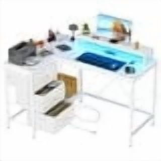 43 Inch Computer Desk, L Shaped Desk with Power Outlets and Led Lights, 3-Drawer Gaming Desk with Storage Shelves and Monitor Stand, Reversible Home Office Desk for Study, Working, Black Willow