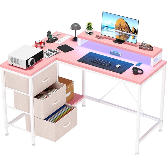 43 Inch Computer Desk, L Shaped Desk with Power Outlets and Led Lights, 3-Drawer Gaming Desk with Storage Shelves and Monitor Stand, Reversible Home Office Desk for Study, Working, Pink