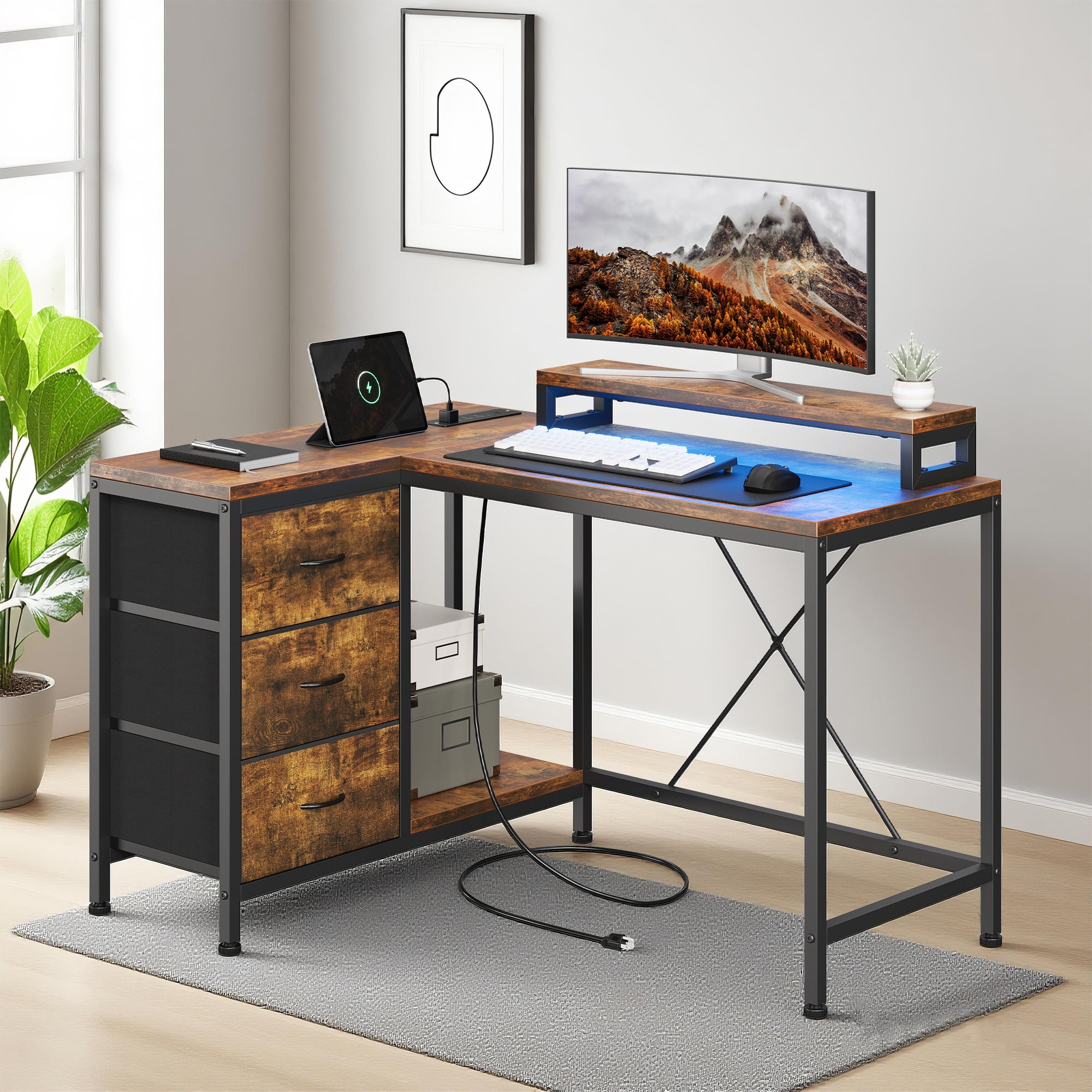 43 Inch Computer Desk With Drawers, L Shaped Desk with Power Outlets and Led Lights, Gaming Desk with Shelves and Monitor Stand