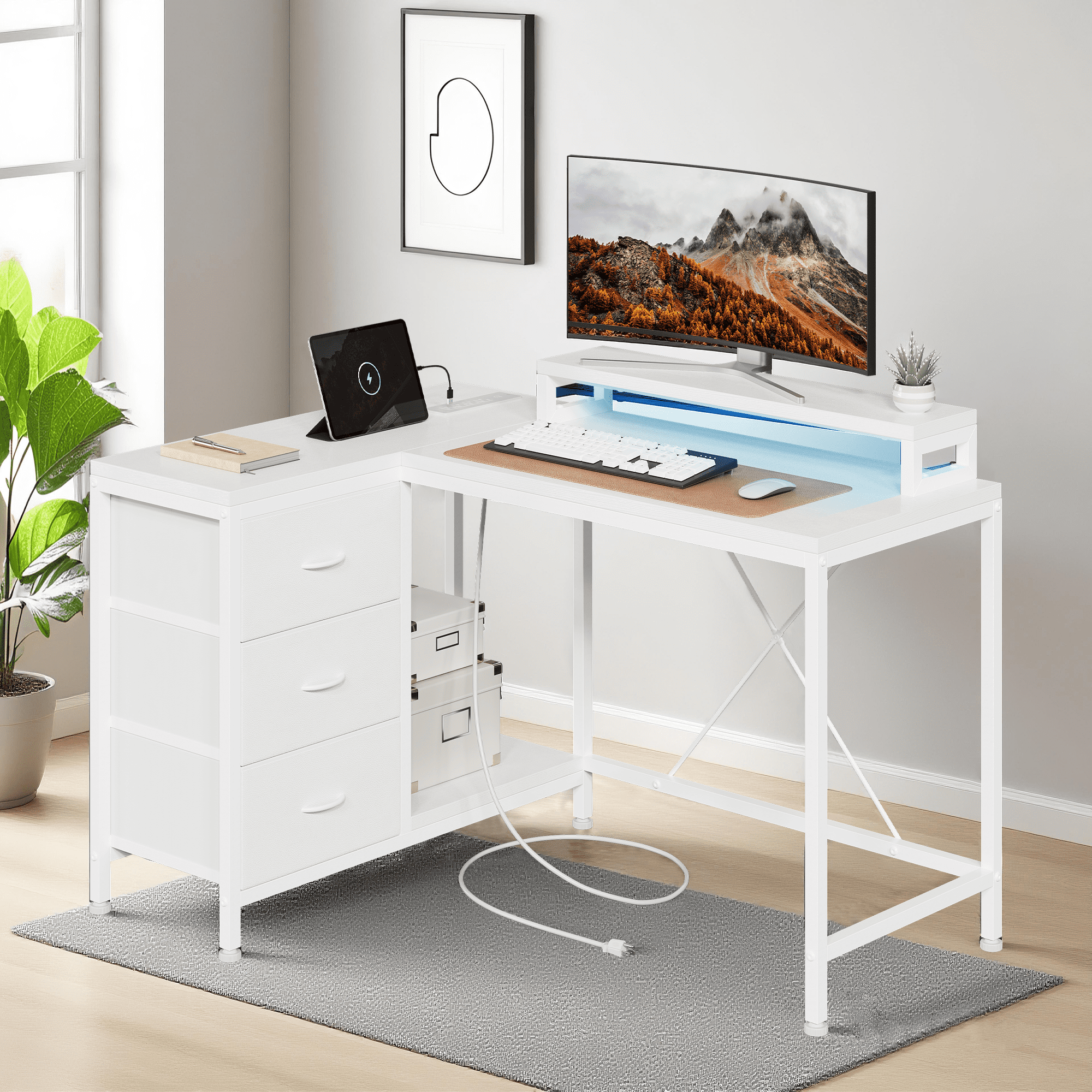 43 Inch Computer Desk With Drawers, L Shaped Desk with Power Outlets and Led Lights, Gaming Desk with Shelves and Monitor Stand