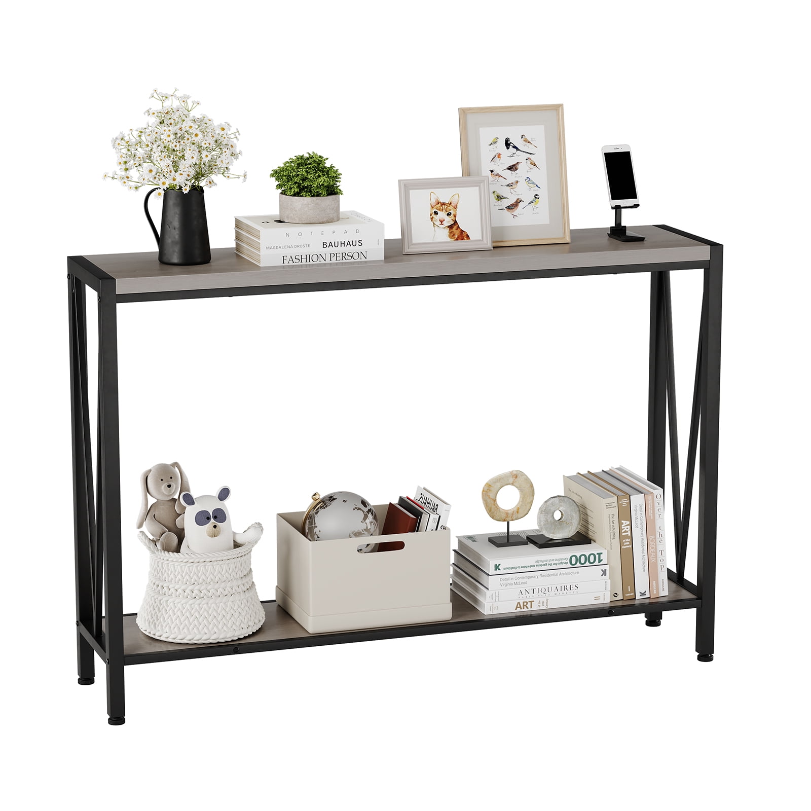 43 Inch Console Table, 2-Tier Narrow Console Sofa Side Table for Entryway Hallway Living Room, Premium Entryway Furniture for Hallway, Living Room, Foyer, Corridor, Office, in Black, Retro & Gray