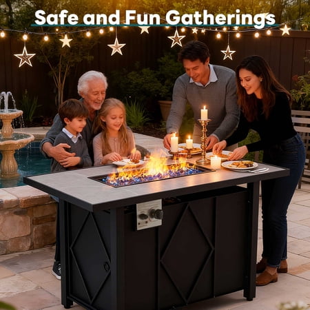 Simenmax 43'' Propane Fire Pit Table, 50,000 BTU Square Outdoor Gas Firepit with Steel Tabletop for Garden, Patio, Deck, Yard