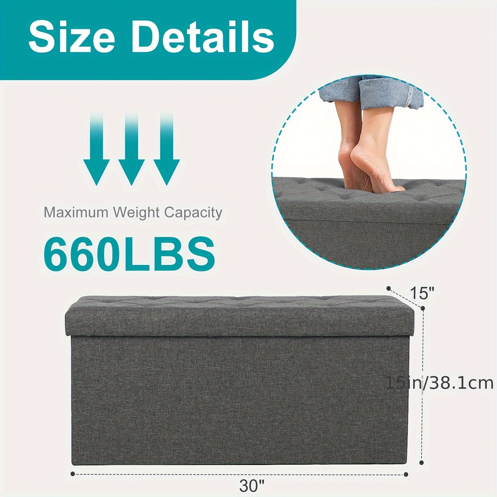 Image showcasing 43 Inch Foldable Storage Ottoman with Padded Seat - Large 3.2 Cu Ft ...
