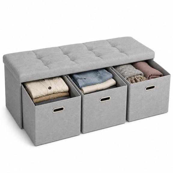 43 Inch Folding Storage Ottoman Bench,3 Drawers Gray Fabric Storage Bench with Cushion Lid,Foot Rest Stool for Bedroom Entryway & Living Room