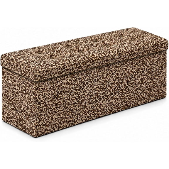 43 Inch Folding Storage Ottoman Bench with Hidden Storage, PU Leather Ottoman Foot Rest Stool, End of Bed Bench for Bedroom, Living Room, Entryway and Closet, Leopard Print