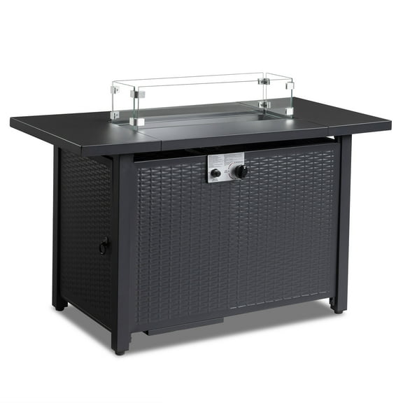 43-Inch Gas Fire Table with Volcanic Stone and Glass Wind Guard - 50000 BTU, Black