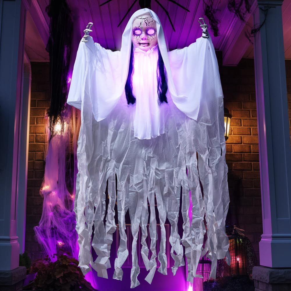43 Inch Hanging Girl Ghost Halloween Decoration, Creepy Hollow Head Prop with Flashing Purple Lights on Head & Body, Battery Operated Latex Fabric Ghost Decor for Yard Haunted House Party