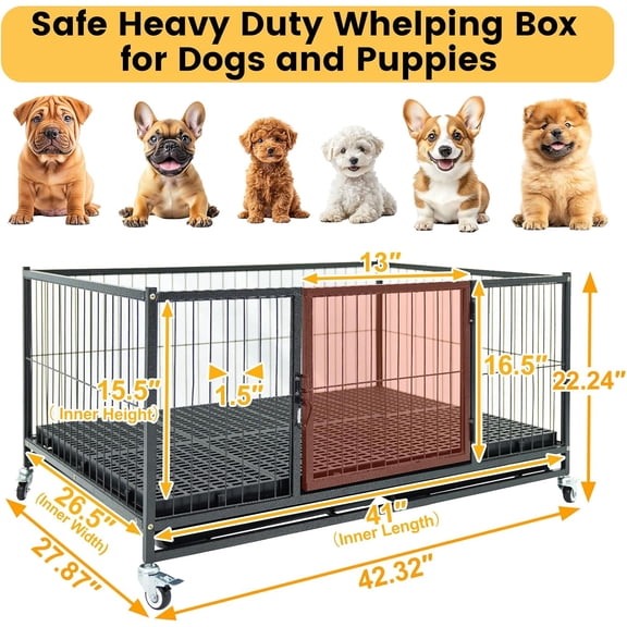 43 Inch Heavy Duty Dog Whelping Box with Wheels for Small Medium Breeds