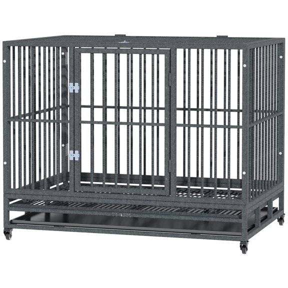 43 Inch HeavyDuty Metal Dog Crate, DoubleDoor Design with Lockable Swivel Wheels & Removable Tray for Medium Large Dogs, Gray