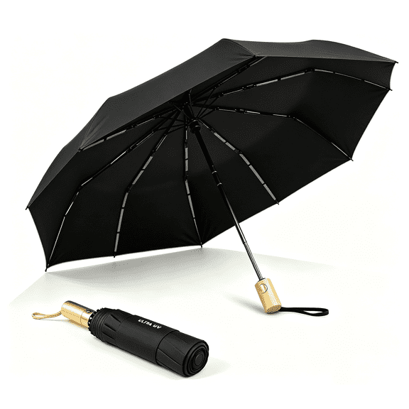 43 Inch Inverted Windproof Umbrella with Wooden Handle Rain Umbrella | Strong, Large Vented Double Canopy, Auto Open & Close Golf Umbrella, Portable & Durable, for 2 people, Fits Car & Backpack