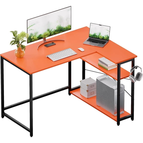 43 Inch L Shaped Computer Desk with Reversible Side Storage Shelves, Small Corner Desk for Small Space Home Office,Writing Study PC Table for Bedroom,Orange