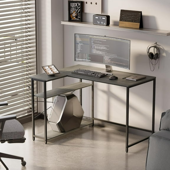 43 Inch L Shaped Computer Desk with Reversible Side Storage Shelves, Small Corner Desk for Small Space Home Office,Writing Study Table PC Desk for Bedroom,Espresso Gray