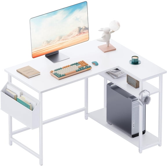43 Inch L Shaped Computer Desk with Reversible Side Storage Shelves, Small Corner Desk for Small Space Home Office,Writing Study Table PC Desk for Bedroom,White