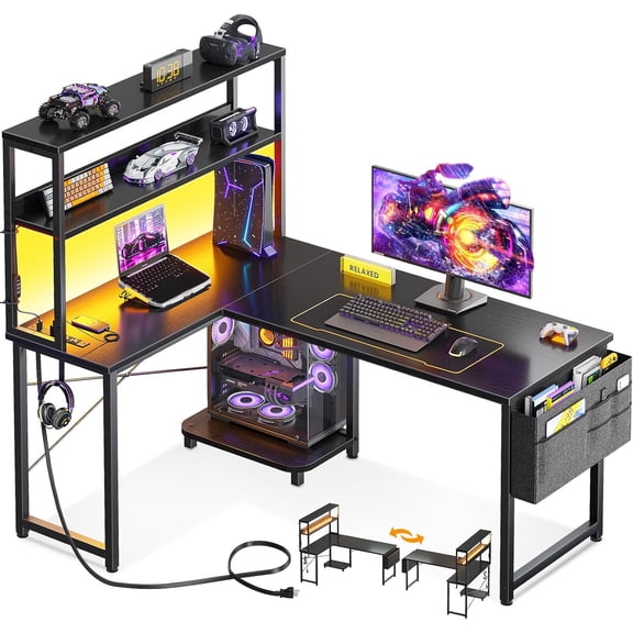 43 Inch L Shaped Desk with LED Lighting, Reversible Gaming Desk with Power Outlets, Cornor Computer Table with Storage Shelves & Bag & Iron Hook, Home Office Table for Writing, Study, Black