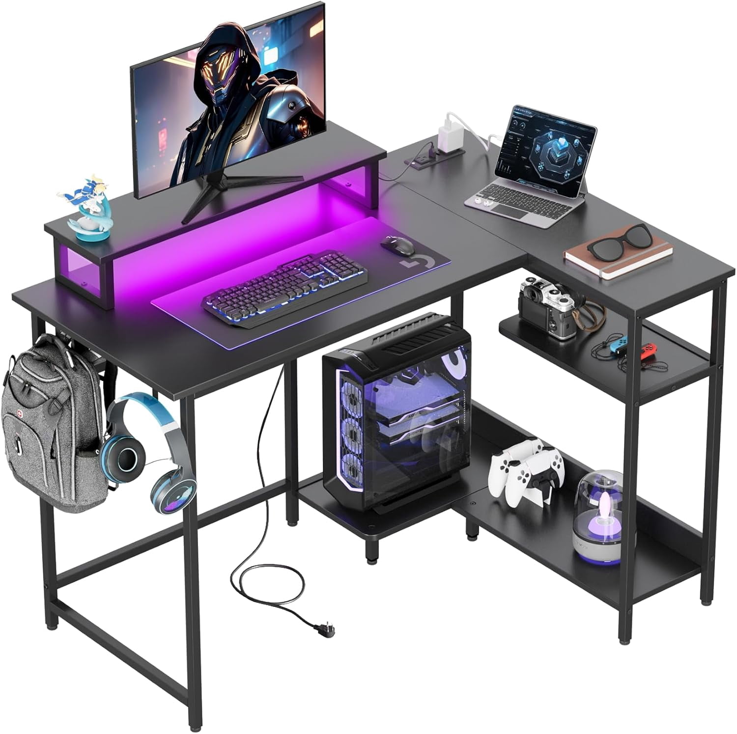 43 Inch L Shaped Gaming Desk with LED Lights & Power Outlets, Corner Desk for Small Spaces, Sturdy PC Computer Table with Storage for Home Office, Black