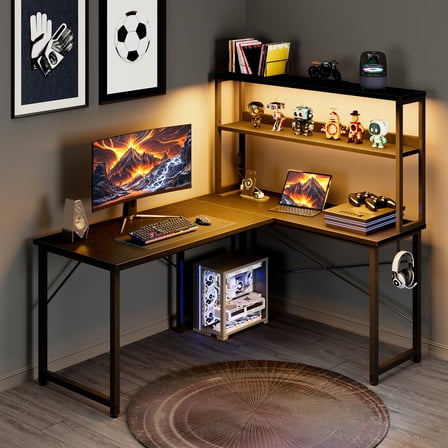 43 Inch L-Shaped Office Desk with Power Outlets, Gaming Desk with LED Lights for Home Office, Corner Computer Desk with Hutch, Black
