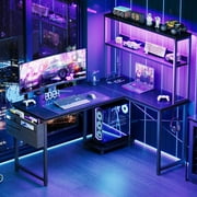 43 Inch L-Shaped Office Desk with Power Outlets, Gaming Desk with LED Lights for Home Office, Corner Computer Desk with Hutch, Black