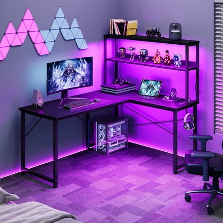 43 Inch L-Shaped Office Desk with Power Outlets, Gaming Desk with LED Lights for Home Office, Corner Computer Desk with Hutch, Black