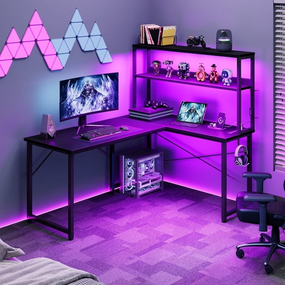 43 Inch L-Shaped Office Desk with Power Outlets, Gaming Desk with LED Lights for Home Office, Corner Computer Desk with Hutch, Black