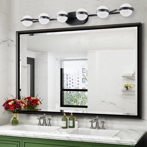 43 Inch LED Bathroom Vanity Light, Modern 6-Light Wall Sconce with Globe Shades, Black Finish for Mirror