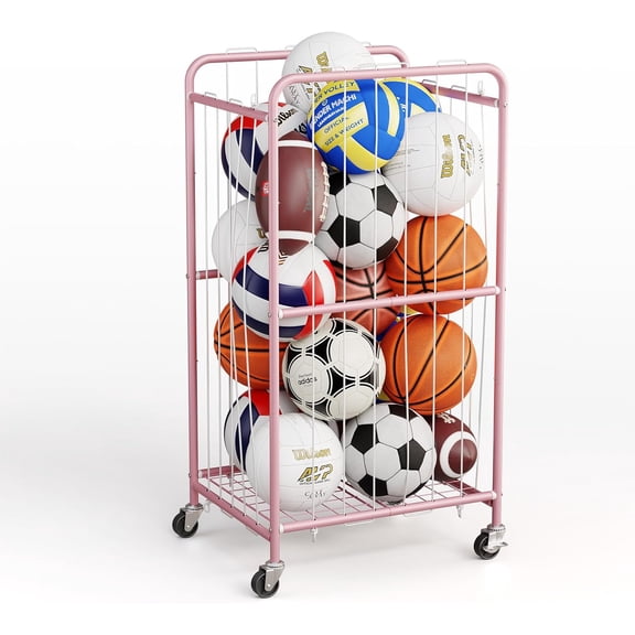 43-Inch Large Ball Storage Basket with Wheels, Rolling Cart Sports Equipment Garage Organizer with Elastic Rope for Easy Access, Holder for Basketball, Soccer, Volleyball, Football