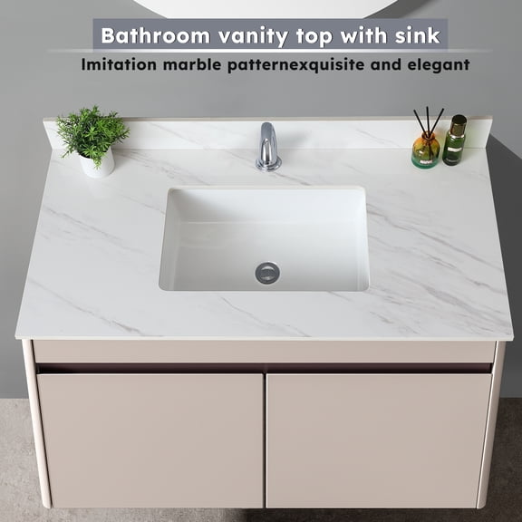 43 Inch Marble Vanity Top, White Vanity Top with 1 Pre-drilled Faucet Holes, Bathroom Vanity Top with Undermount Rectangular Middle Sink and 4" Height Backsplash, The Cabinet are not Included