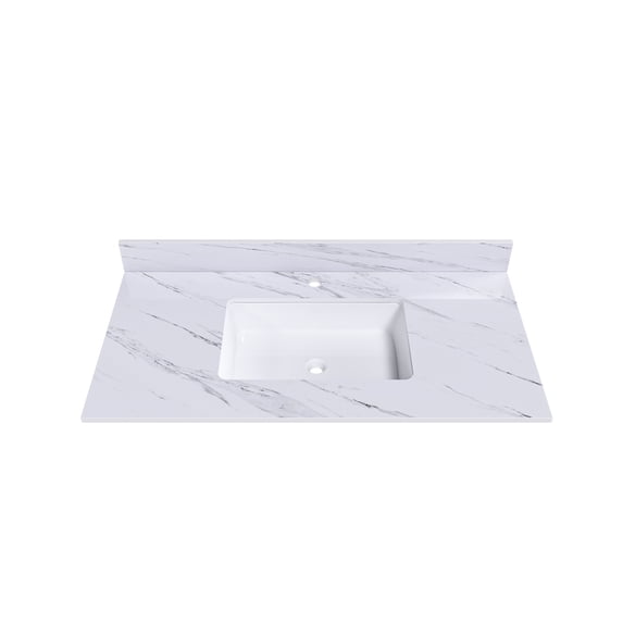43 Inch Marble Vanity Top, White Vanity Top with 1 Pre-drilled Faucet Holes, Bathroom Vanity Top with Undermount Rectangular Middle Sink and 4" Height Backsplash, The Cabinet are not Included