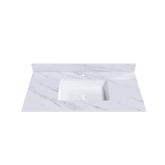 43 Inch Marble Vanity Top, White Vanity Top with 1 Pre-drilled Faucet Holes, Bathroom Vanity Top with Undermount Rectangular Middle Sink and 4" Height Backsplash, The Cabinet are not Included